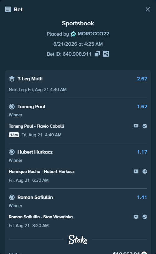 Bet slip: Henrique Rocha - Hubert Hurkacz, $10,931.06 stake at 1.17 odds, placed by MOROCCO22