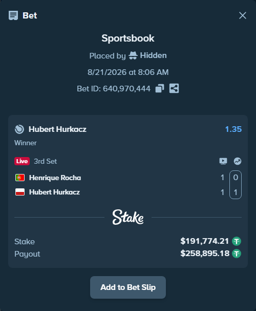 Bet slip: Henrique Rocha - Hubert Hurkacz, $191,774.21 stake at 1.35 odds, placed by Hidden
