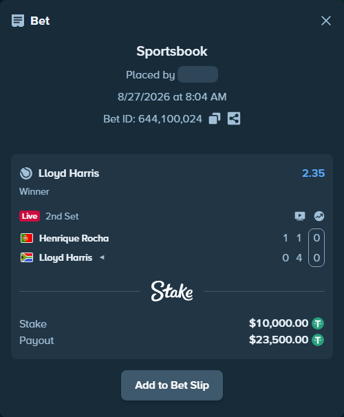 Bet slip: Henrique Rocha - Lloyd Harris, $10,000.00 stake at 2.35 odds, placed by WinTr10