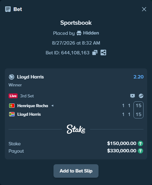Bet slip: Henrique Rocha - Lloyd Harris, $150,000.00 stake at 2.20 odds, placed by Hidden