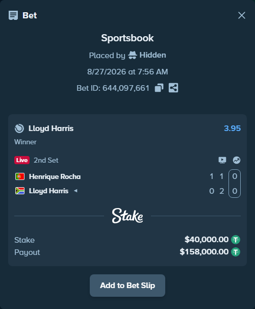 Bet slip: Henrique Rocha - Lloyd Harris, $40,000.00 stake at 3.95 odds, placed by Hidden