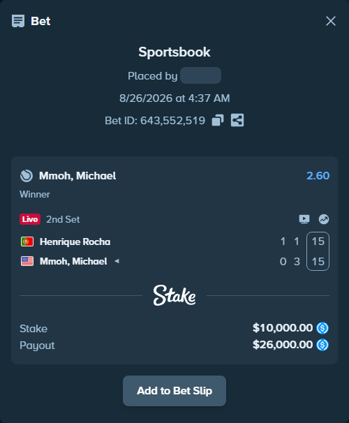 Bet slip: Henrique Rocha - Mmoh, Michael, $10,000.00 stake at 2.60 odds, placed by privetmedvet15