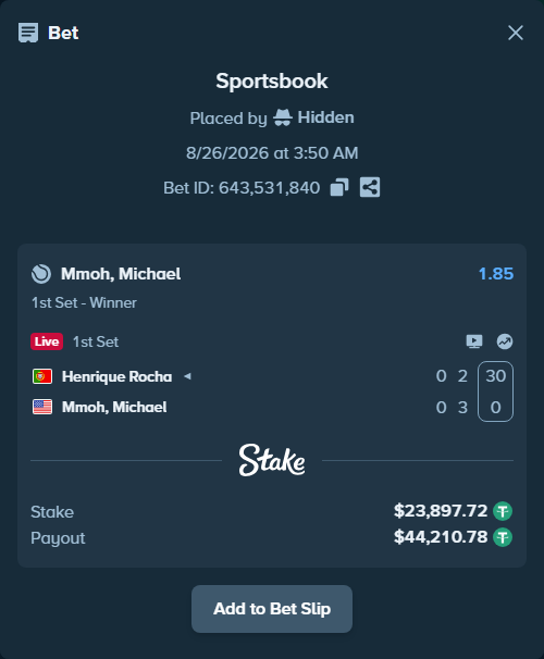 Bet slip: Henrique Rocha - Mmoh, Michael, $23,897.72 stake at 1.85 odds, placed by Hidden