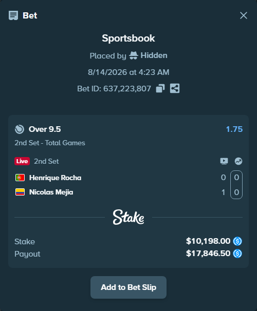 Bet slip: Henrique Rocha - Nicolas Mejia, $10,198.00 stake at 1.75 odds, placed by Hidden
