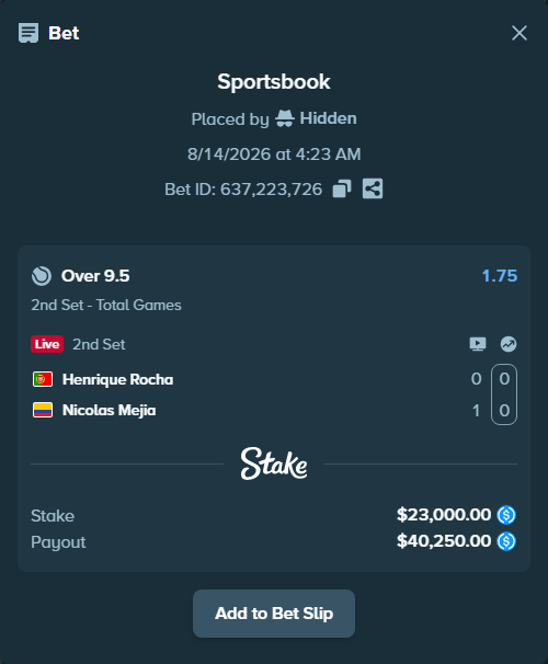 Bet slip: Henrique Rocha - Nicolas Mejia, $23,000.00 stake at 1.75 odds, placed by Hidden