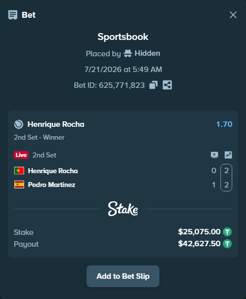 Bet slip: Henrique Rocha - Pedro Martinez, $25,100.07 stake at 1.70 odds, placed by Hidden