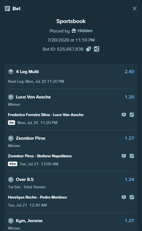 Bet slip: Henrique Rocha - Pedro Martinez, $74,006.02 stake at 1.24 odds, placed by Hidden