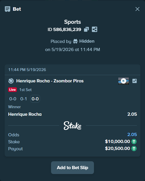 Bet slip: Henrique Rocha - Zsombor Piros, $10,010.00 stake at 2.05 odds, placed by Hidden