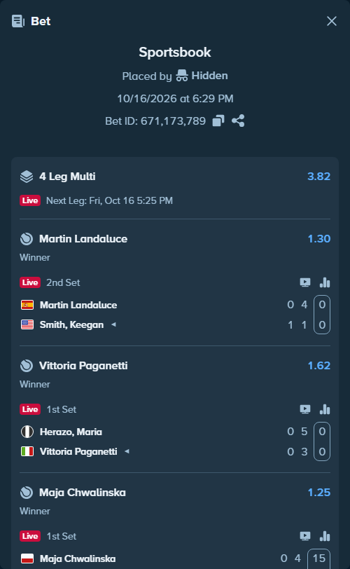 Bet slip: Herazo, Maria - Vittoria Paganetti, $100,000.00 stake at 1.62 odds, placed by Hidden