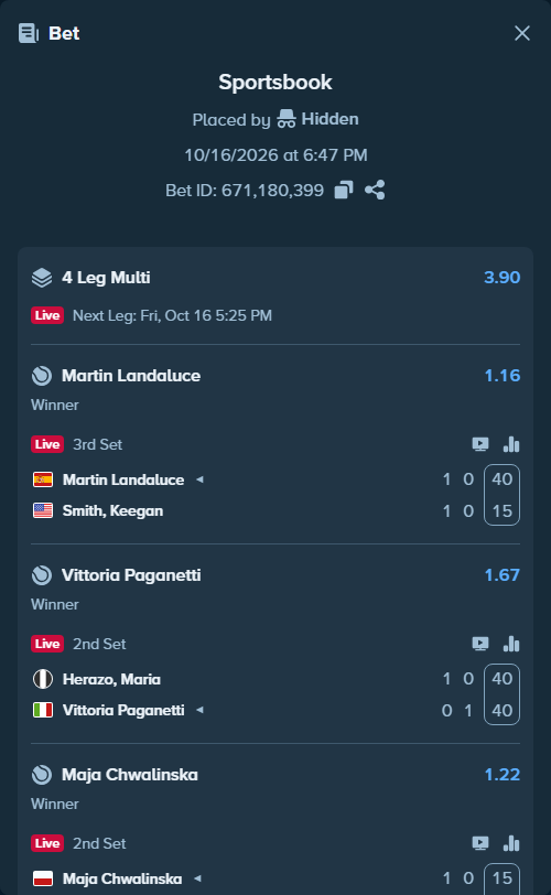 Bet slip: Herazo, Maria - Vittoria Paganetti, $33,938.00 stake at 1.67 odds, placed by Hidden