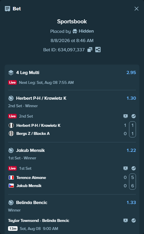 Bet slip: Herbert P-H / Krawietz K - Bergs Z / Blockx A, $24,024.00 stake at 1.30 odds, placed by Hidden