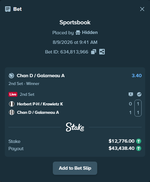 Bet slip: Herbert P-H / Krawietz K - Chan D / Galarneau A, $12,788.78 stake at 3.40 odds, placed by Hidden
