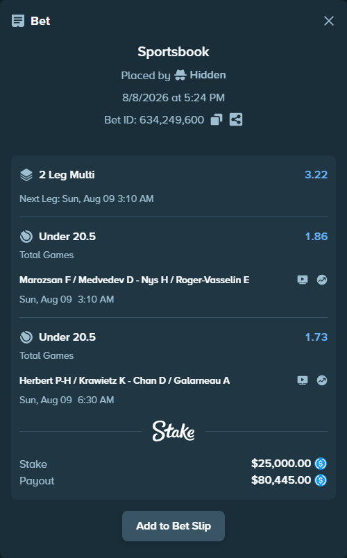 Bet slip: Herbert P-H / Krawietz K - Chan D / Galarneau A, $25,000.00 stake at 1.73 odds, placed by Hidden