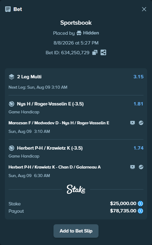 Bet slip: Herbert P-H / Krawietz K - Chan D / Galarneau A, $25,000.00 stake at 1.74 odds, placed by Hidden