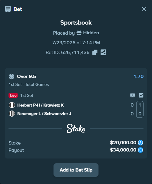 Bet slip: Herbert P-H / Krawietz K - Neumayer L / Schwaerzler J, $20,000.00 stake at 1.70 odds, placed by Hidden