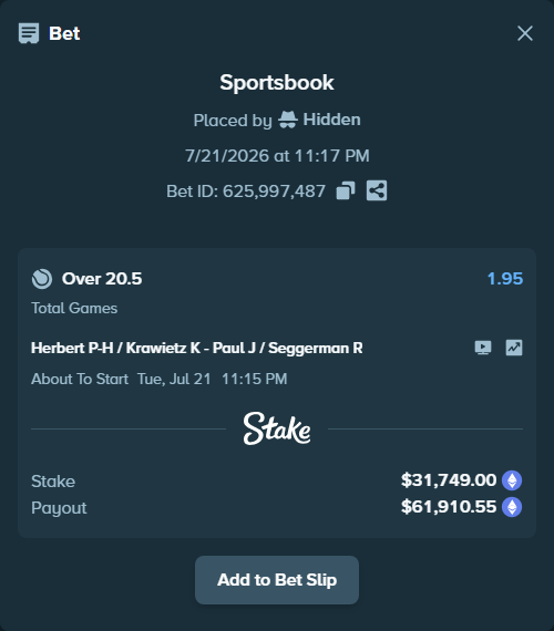 Bet slip: Herbert P-H / Krawietz K - Paul J / Seggerman R, $31,227.91 stake at 1.95 odds, placed by Hidden