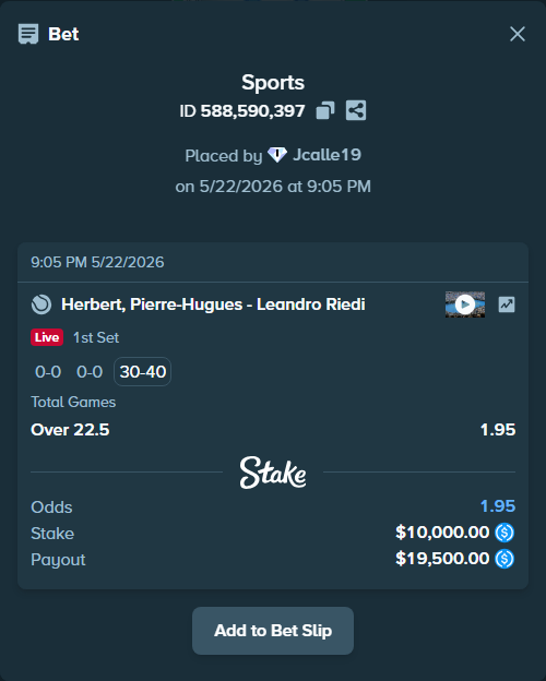 Bet slip: Herbert, Pierre-Hugues - Leandro Riedi, $10,000.00 stake at 1.95 odds, placed by Jcalle19