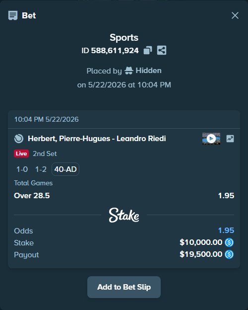 Bet slip: Herbert, Pierre-Hugues - Leandro Riedi, $10,000.00 stake at 1.95 odds, placed by Hidden