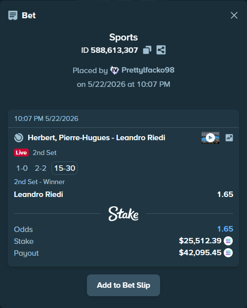 Bet slip: Herbert, Pierre-Hugues - Leandro Riedi, $21,425.57 stake at 1.65 odds, placed by Prettylfacko98