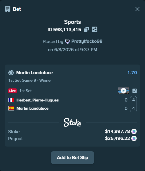 Bet slip: Herbert, Pierre-Hugues - Martin Landaluce, $16,503.79 stake at 1.70 odds, placed by Prettylfacko98