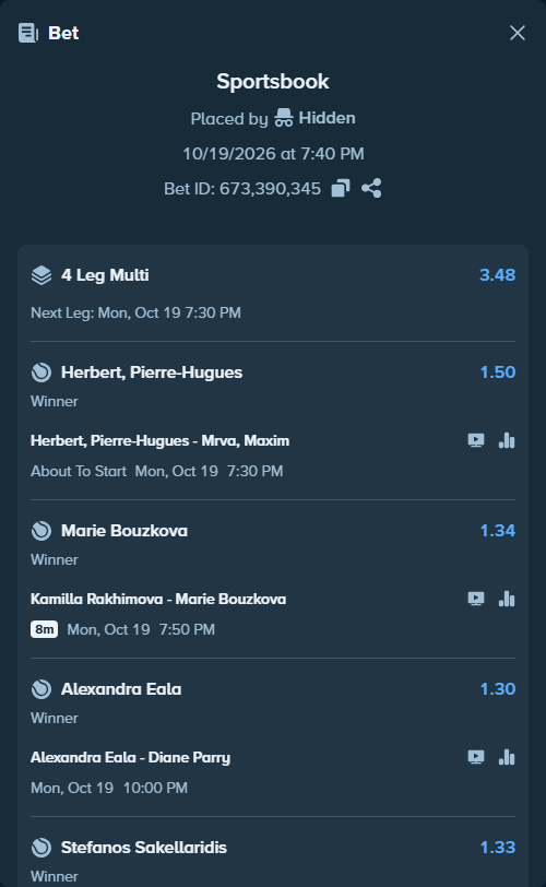 Bet slip: Herbert, Pierre-Hugues - Mrva, Maxim, $115,523.91 stake at 1.50 odds, placed by Hidden