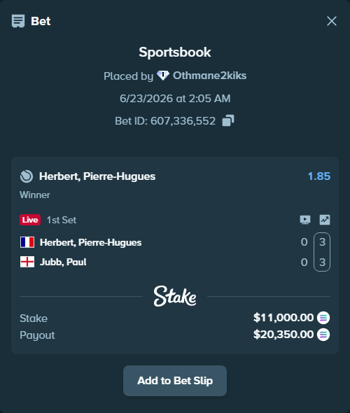Bet slip: Herbert, Pierre-Hugues - Paul Jubb, $11,194.01 stake at 1.85 odds, placed by Othmane2kiks