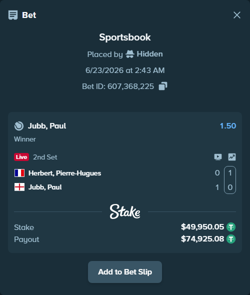 Bet slip: Herbert, Pierre-Hugues - Paul Jubb, $50,000.00 stake at 1.50 odds, placed by Hidden