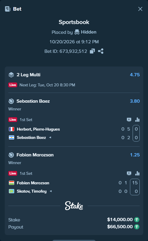 Bet slip: Herbert, Pierre-Hugues - Sebastian Baez, $14,014.00 stake at 3.80 odds, placed by Hidden