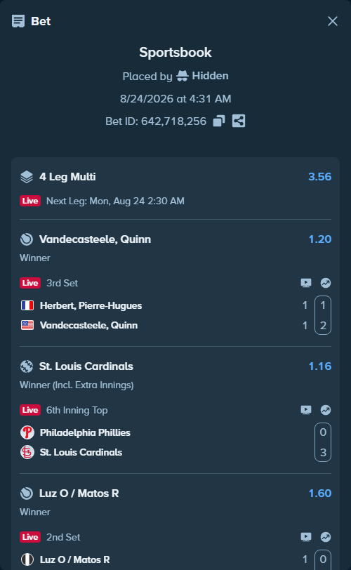 Bet slip: Herbert, Pierre-Hugues - Vandecasteele, Quinn, $10,000.00 stake at 1.20 odds, placed by Hidden