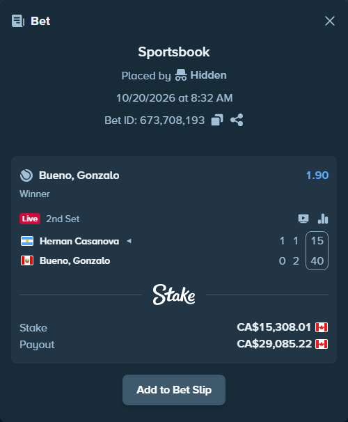 Bet slip: Hernan Casanova - Bueno, Gonzalo, $11,327.93 stake at 1.90 odds, placed by Hidden