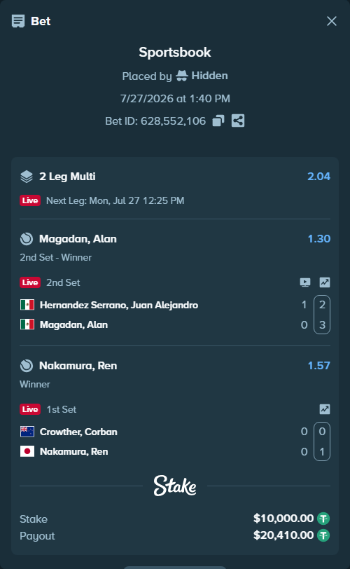 Bet slip: Hernandez, Alex - Magadan, Alan, $10,000.00 stake at 1.30 odds, placed by Hidden