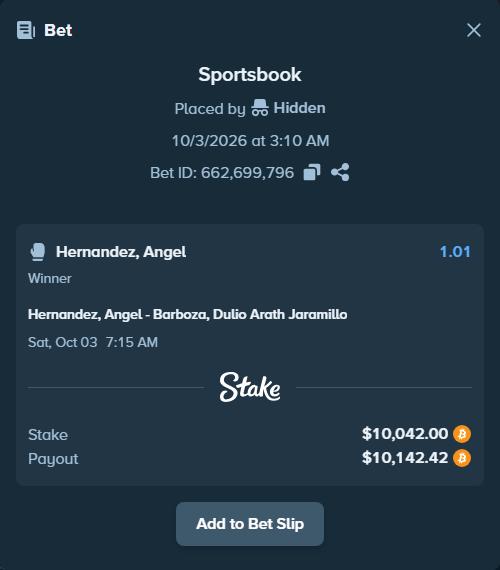 Bet slip: Hernandez, Angel - Barboza, Dulio Arath Jaramillo, $10,018.03 stake at 1.01 odds, placed by Arcticdogss