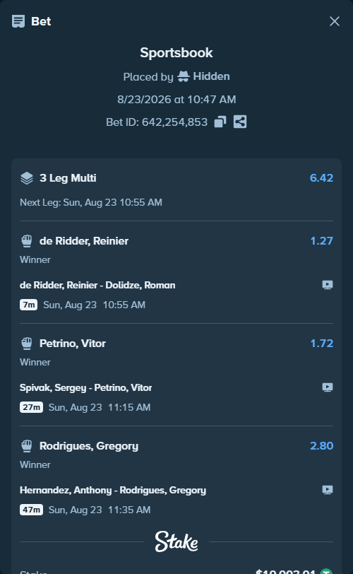 Bet slip: Hernandez, Anthony - Rodrigues, Gregory, $10,002.01 stake at 2.80 odds, placed by Hidden