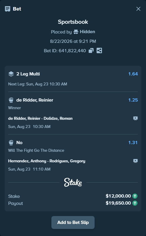 Bet slip: Hernandez, Anthony - Rodrigues, Gregory, $12,000.00 stake at 1.31 odds, placed by Hidden