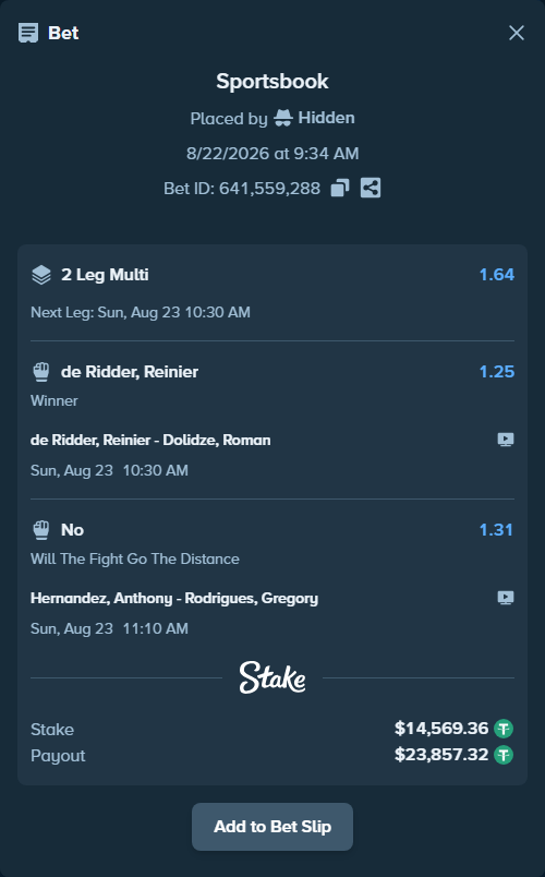 Bet slip: Hernandez, Anthony - Rodrigues, Gregory, $14,569.36 stake at 1.31 odds, placed by Hidden