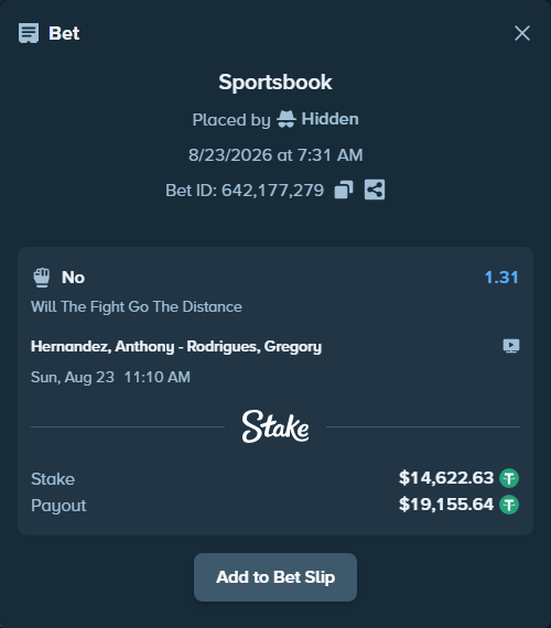 Bet slip: Hernandez, Anthony - Rodrigues, Gregory, $14,622.63 stake at 1.31 odds, placed by Hidden