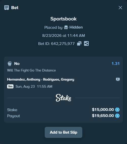 Bet slip: Hernandez, Anthony - Rodrigues, Gregory, $15,000.00 stake at 1.31 odds, placed by Hidden
