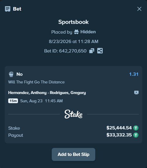Bet slip: Hernandez, Anthony - Rodrigues, Gregory, $25,442.00 stake at 1.31 odds, placed by Hidden