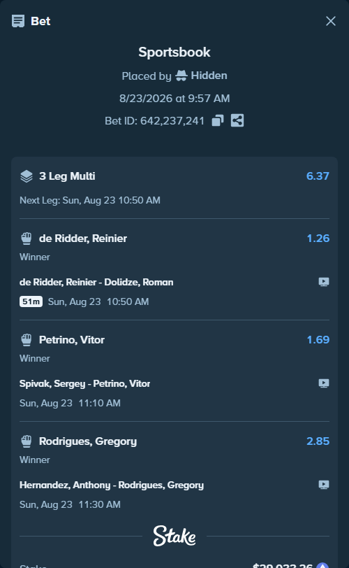 Bet slip: Hernandez, Anthony - Rodrigues, Gregory, $28,680.49 stake at 2.85 odds, placed by Hidden