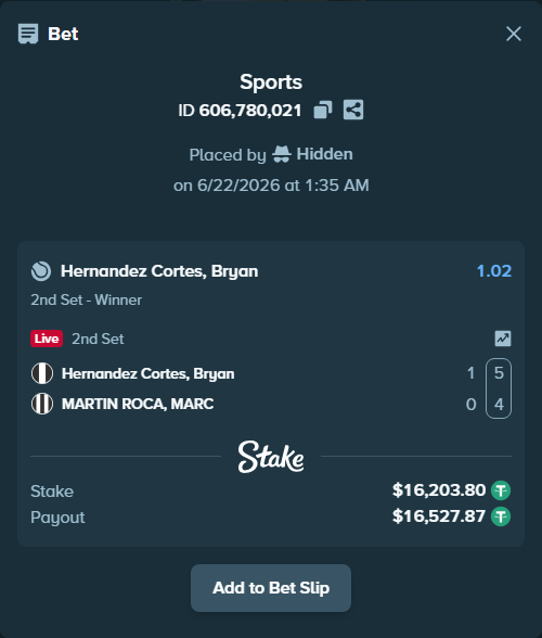 Bet slip: Hernandez Cortes, Bryan - MARTIN ROCA, MARC, $16,220.00 stake at 1.02 odds, placed by Hidden