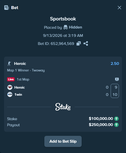 Bet slip: Heroic - 1win, $100,000.00 stake at 2.50 odds, placed by Hidden
