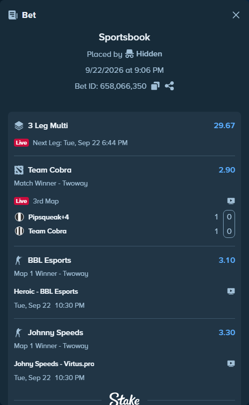 Bet slip: Heroic - BBL Esports, $15,171.68 stake at 3.10 odds, placed by Hidden