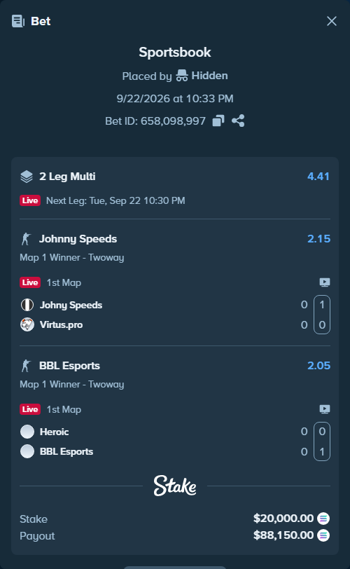Bet slip: Heroic - BBL Esports, $20,108.51 stake at 2.05 odds, placed by Hidden
