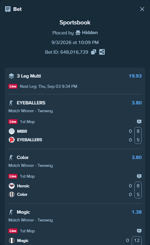 Bet slip: Heroic - Color, $10,000.00 stake at 3.80 odds, placed by Hidden