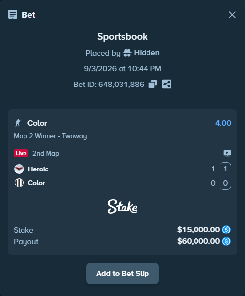 Bet slip: Heroic - Color, $15,000.00 stake at 4.00 odds, placed by Hidden