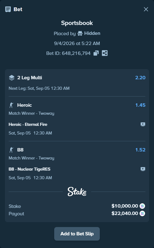 Bet slip: Heroic - Eternal Fire, $9,663.46 stake at 1.45 odds, placed by Hidden