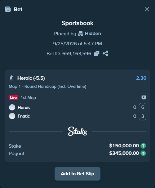 Bet slip: Heroic - Fnatic, $150,000.00 stake at 2.30 odds, placed by Hidden