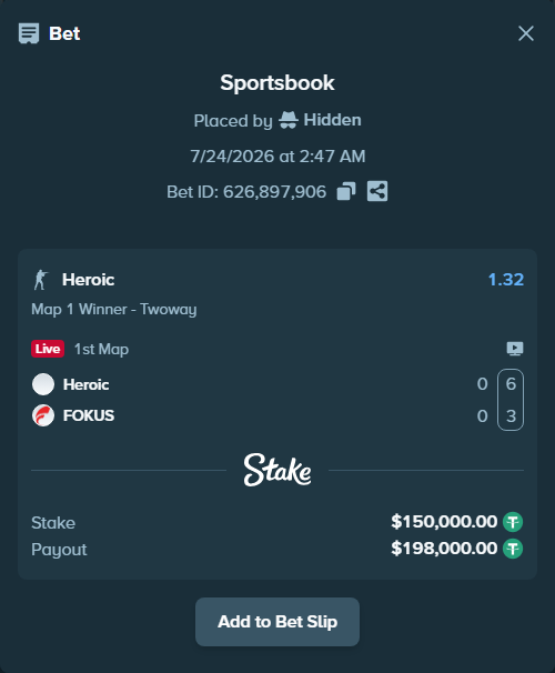 Bet slip: Heroic - FOKUS, $150,150.00 stake at 1.32 odds, placed by Hidden