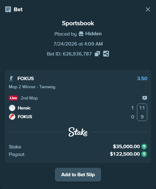 Bet slip: Heroic - FOKUS, $35,035.00 stake at 3.50 odds, placed by Hidden