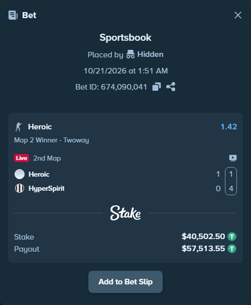 Bet slip: Heroic - HyperSpirit, $40,543.00 stake at 1.42 odds, placed by Mnt41